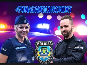grafika z policjantką i policjantem, na górze napis #POMAGAMYiCHRONIMY