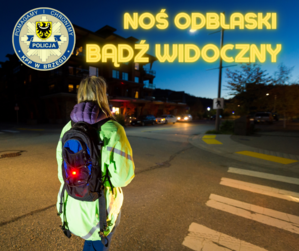zdjęcie nocą - dziecko w odblaskowej kurtce i plecakiem na plecach stoi przy drodze