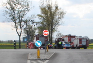 policjanci i strażacy w trakcie pracy na miejscu wypadku drogowego